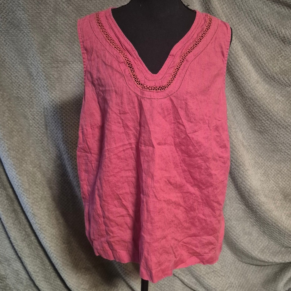J. Jill Love Linen Pink V-Neck Crochet Trim Sleeveless Tank Top Large
